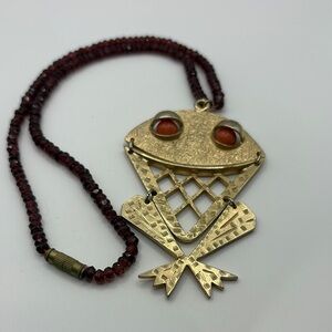 Vintage 60’s Sarah Coventry Gold Frog Necklace with Red Faceted Beaded Accents